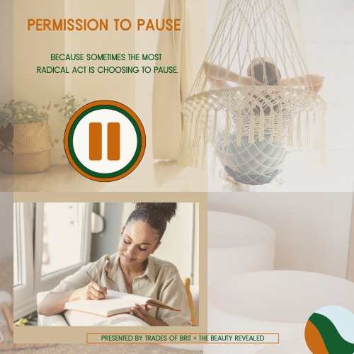 Person relaxing in a hammock with text 'Permission to Pause' and a pause symbol.