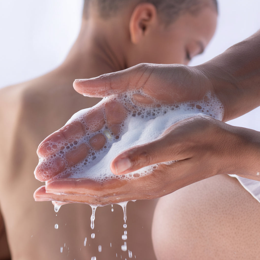 Person applying soap to hands to the back of a child a blurred background