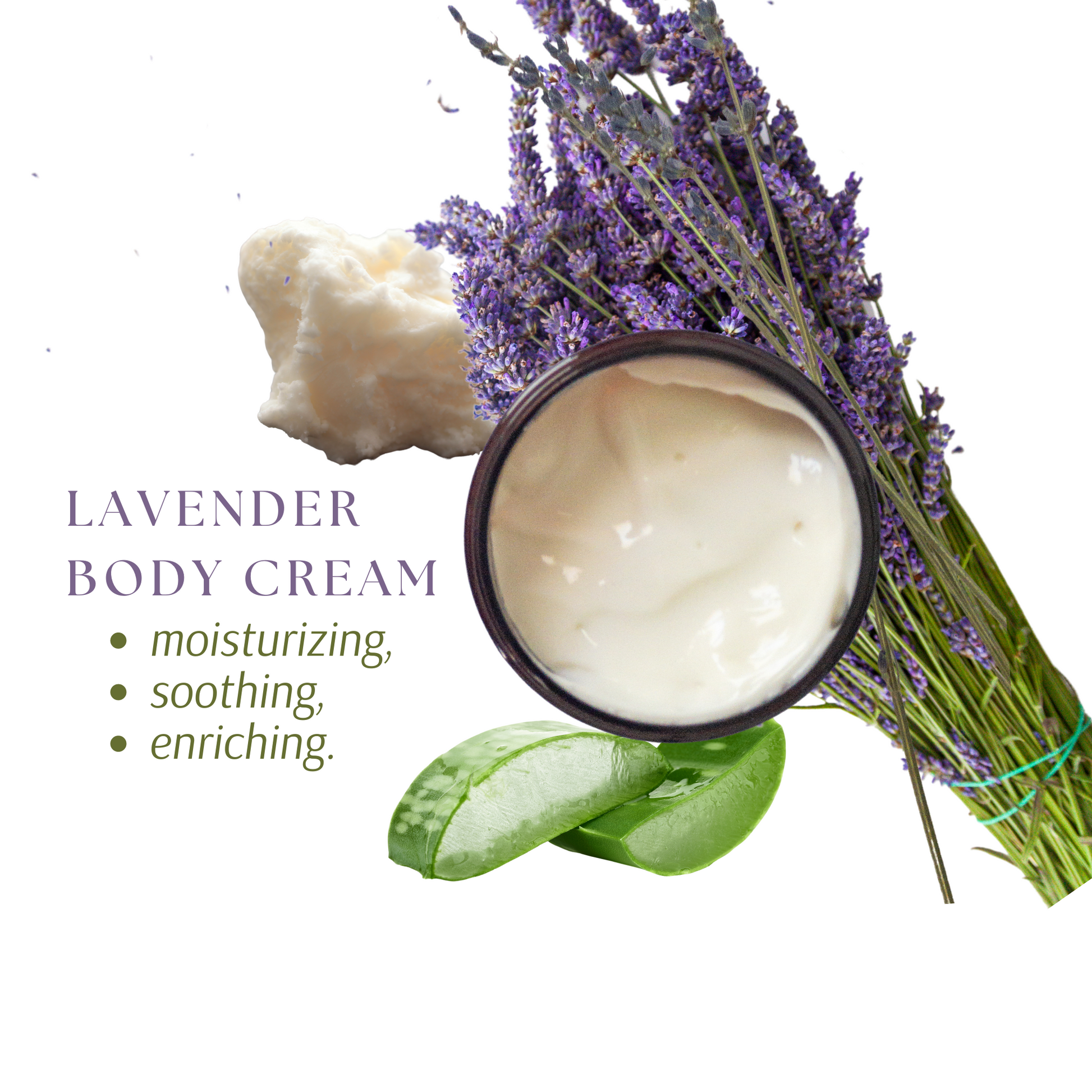 Ingredients for Trades of Brit Lavender Calendula Body Cream: shea butter, calendula oil, apricot oil, lavender essential oil