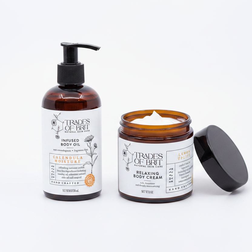 Two bottles of 'Trades of Brit products on a white background