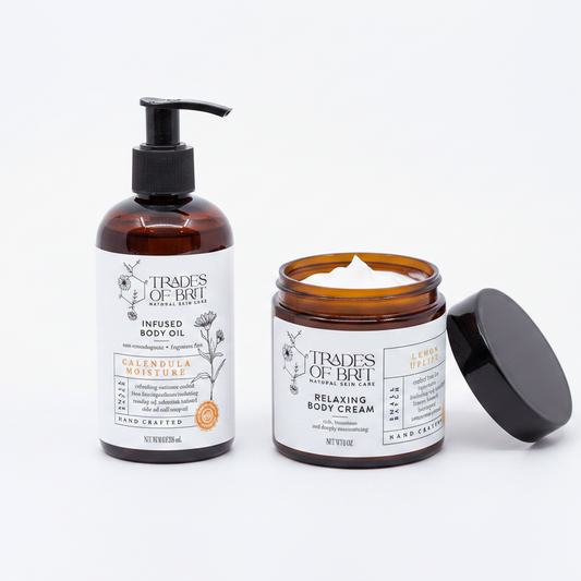 Two bottles of 'Trades of Brit products on a white background